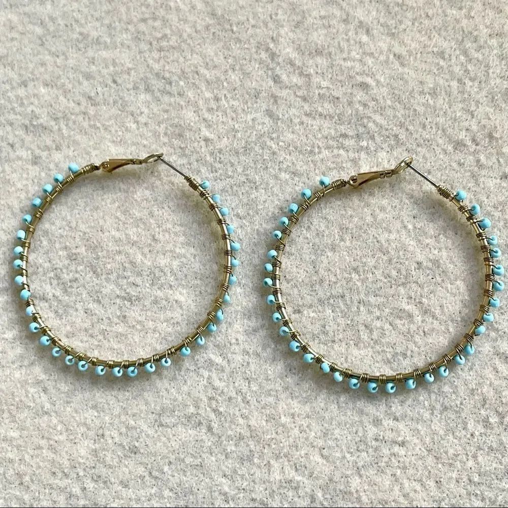 gold tone turquoise beaded hoops